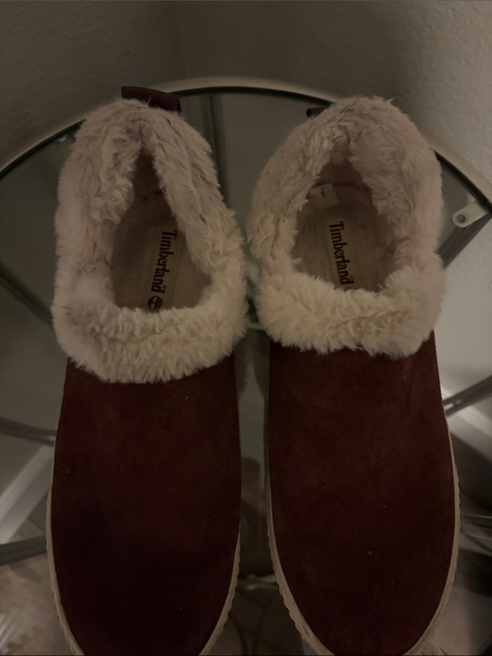 Timberland Women's Brown Suede Slip-On Slippers with Cream Faux Fur Trim